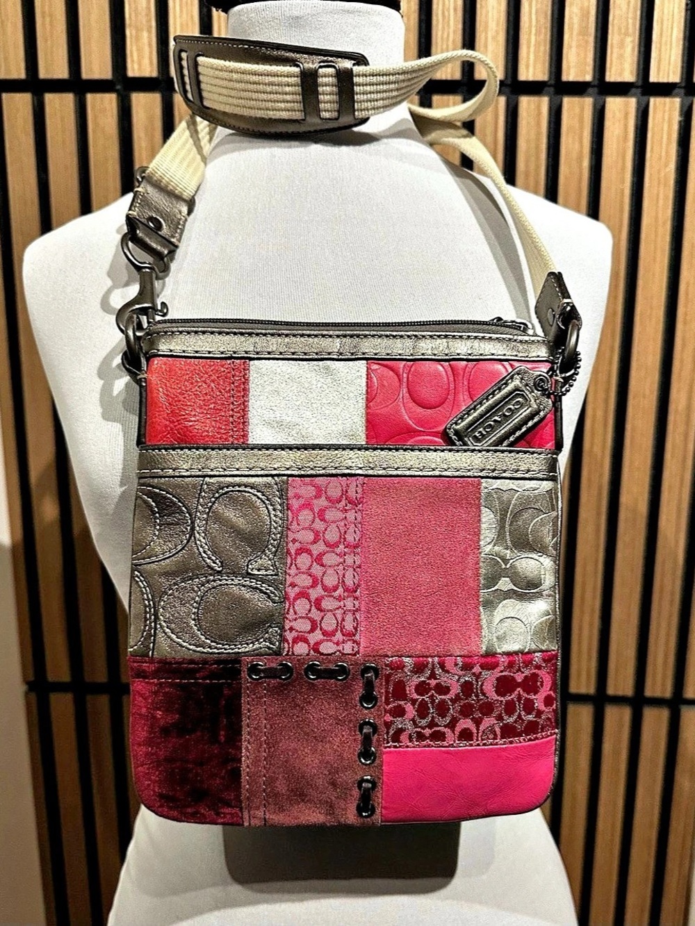 Coach Holiday Patchwork Swingpack Patchwork Crossbody Bag in Pink & Red